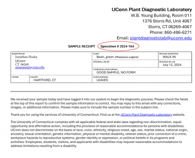 A screenshot of a sample receipt email with the sample number circled in red